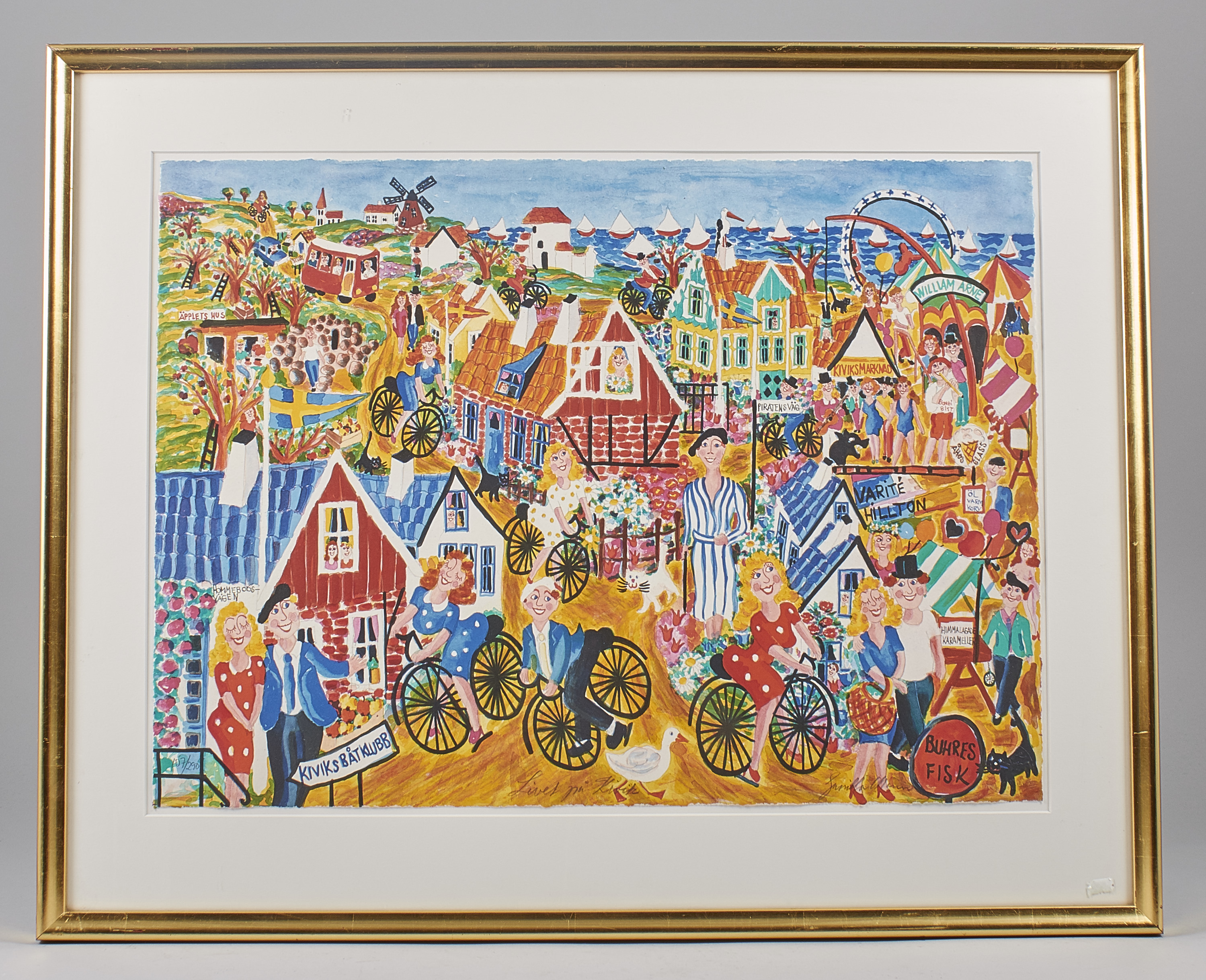 Färglitografi, Gunilla Mann (f 1947),"Livet på Kivik", 107 290, bladets mått 43×63 Metropol Färglitografi, Gunilla Mann (f 1947),"Livet på Kivik", 107 290, bladets mått 43×63 Metropol