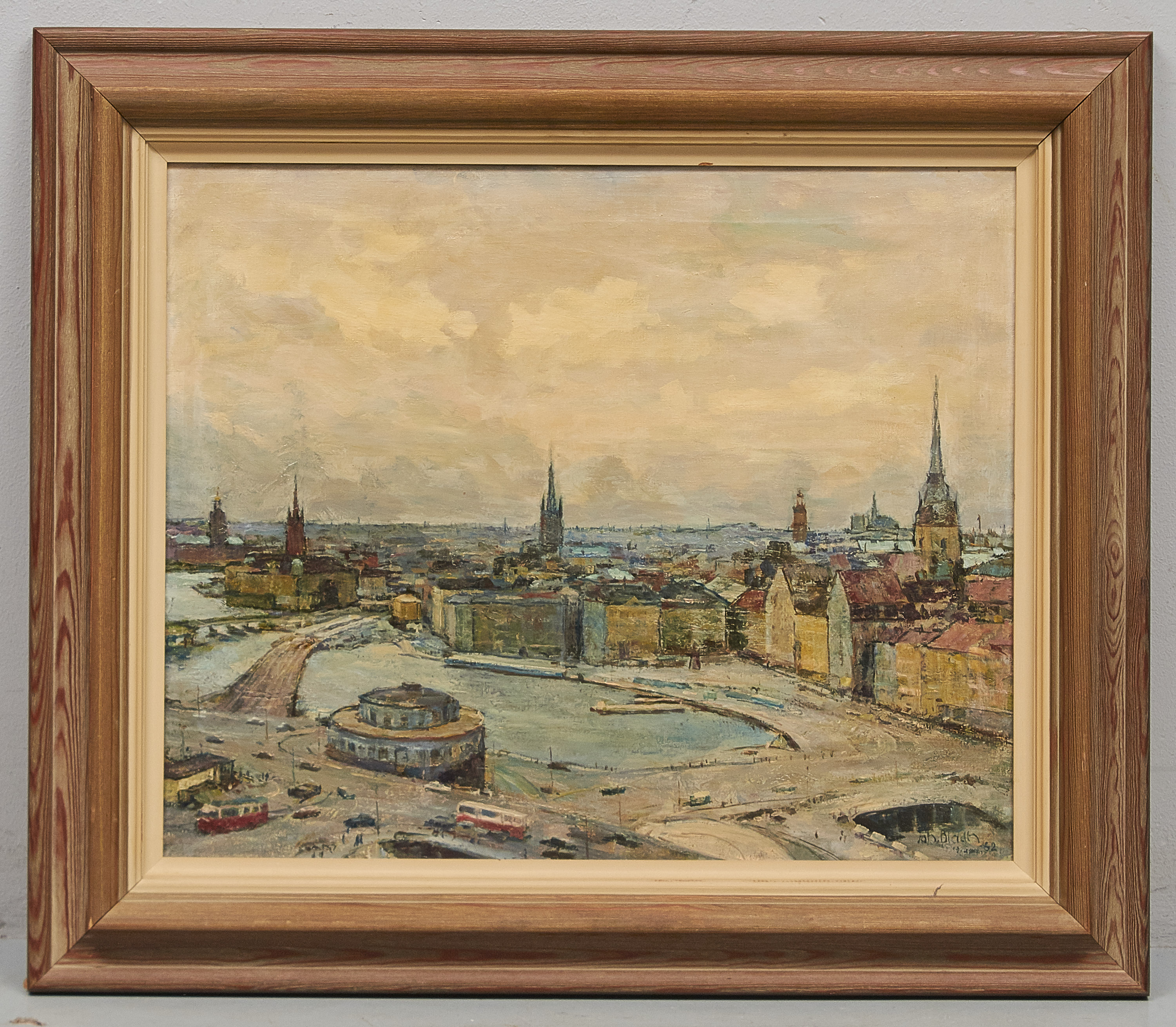 Oljemålning, Johan Bladh (1893-1976), Sverige. Vy över slussen i ...