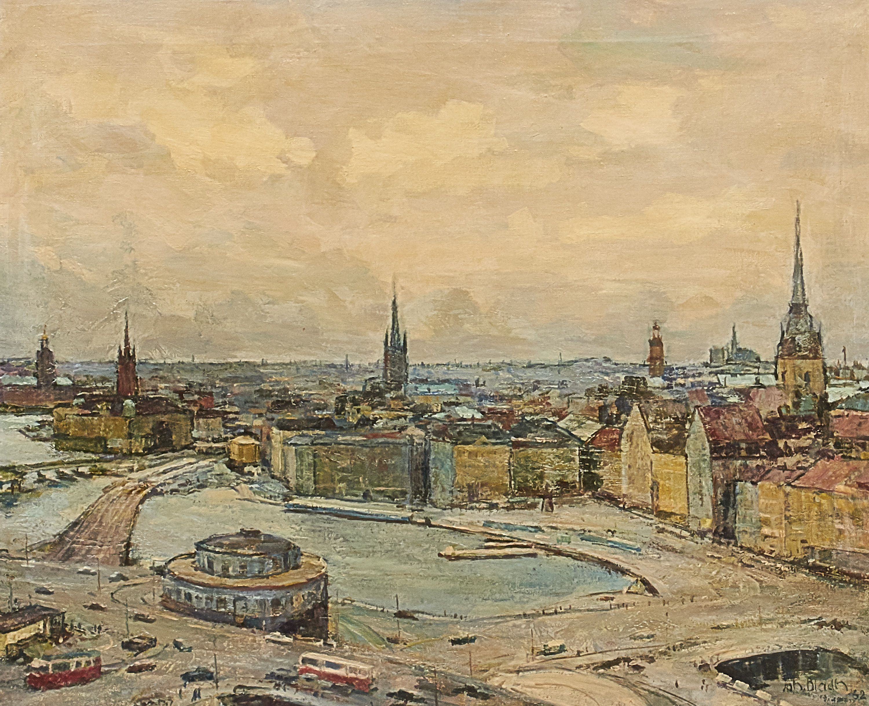 Oljemålning, Johan Bladh (1893-1976), Sverige. Vy över slussen i ...